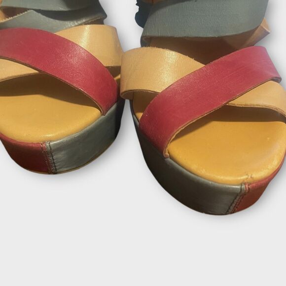 Kork-Ease Hailey Leather Platform Wedge Sandals 11 Natural Colorblock Spring - Picture 5 of 7